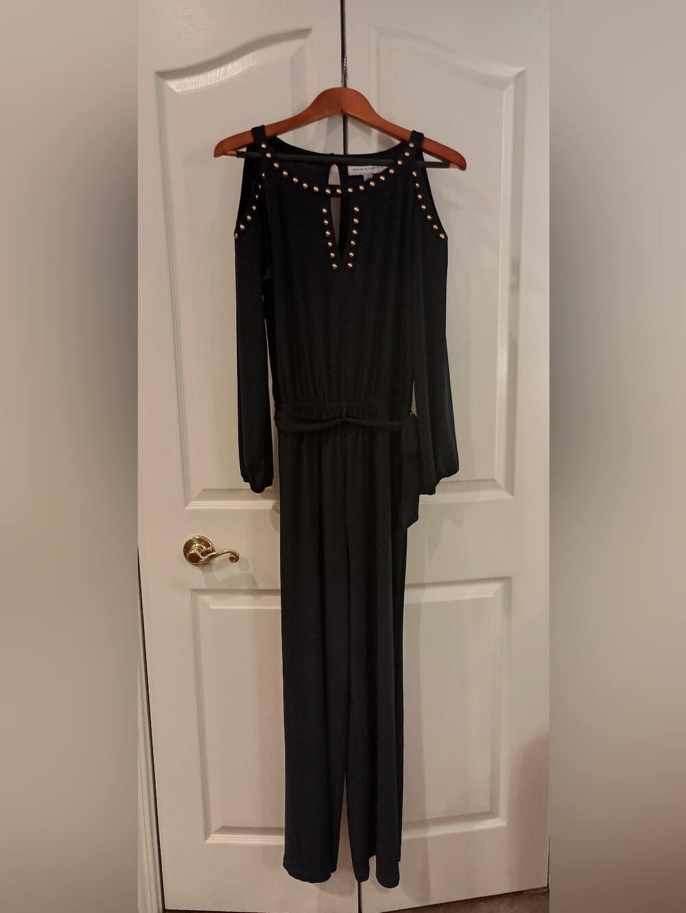Black Stud-Trim Cold-Shoulder Jumpsuit Pants.